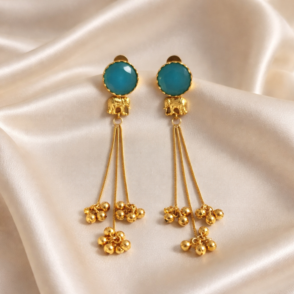 Kashmiri Turquoise Stone Tassel Earrings – Gold Finish
