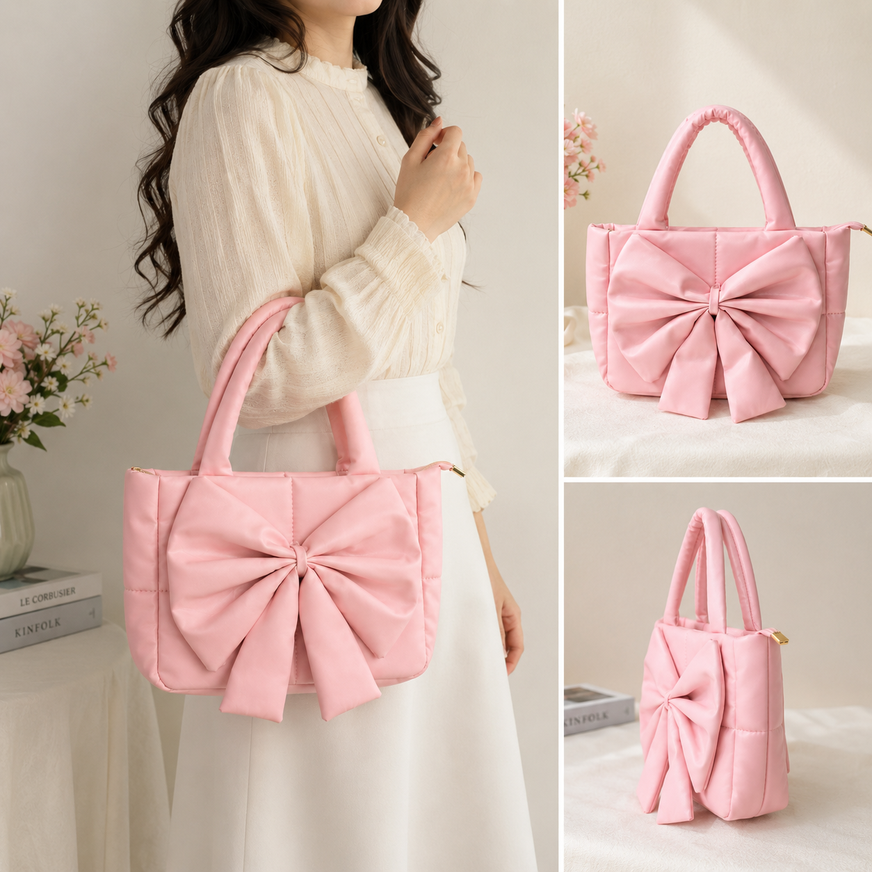 Baby Pink Bow Handbag for Women | Soft Padded Shoulder Bag | Elegant Fashion Purse