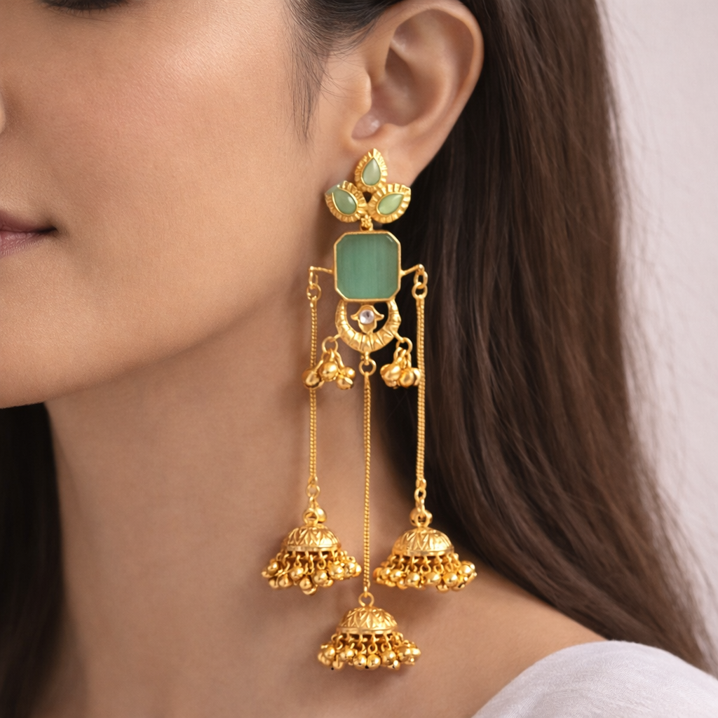 Handcrafted Kashmiri Green Stone Long Jhumka Earrings