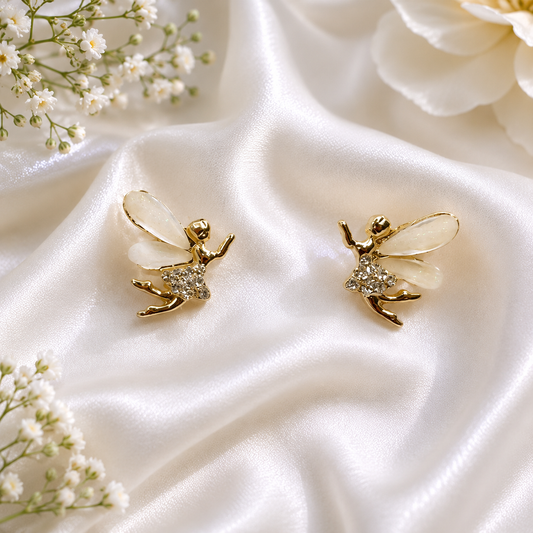 Fairy Angel Wings Gold Stud Earrings for Women | Korean Aesthetic Crystal Butterfly Earrings | Cute Minimal Party Jewelry