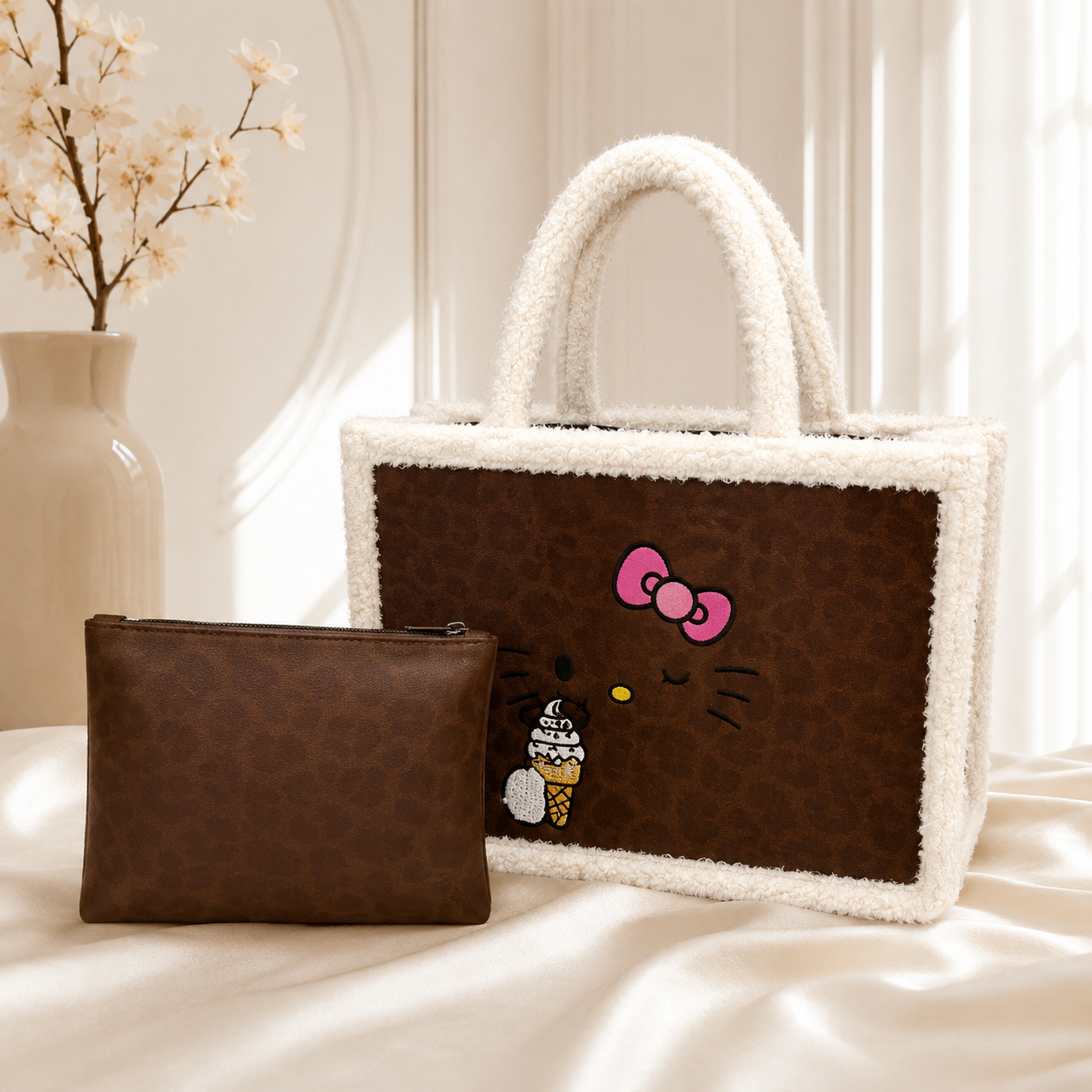 Hello Kitty Teddy Trim Tote Bag with Matching Zip Pouch – Premium Brown Handbag for Women