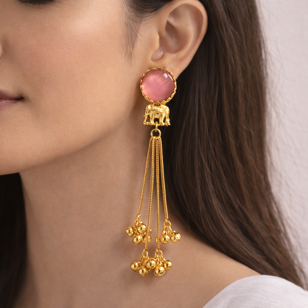 Pink Stone Long Tassel Earrings