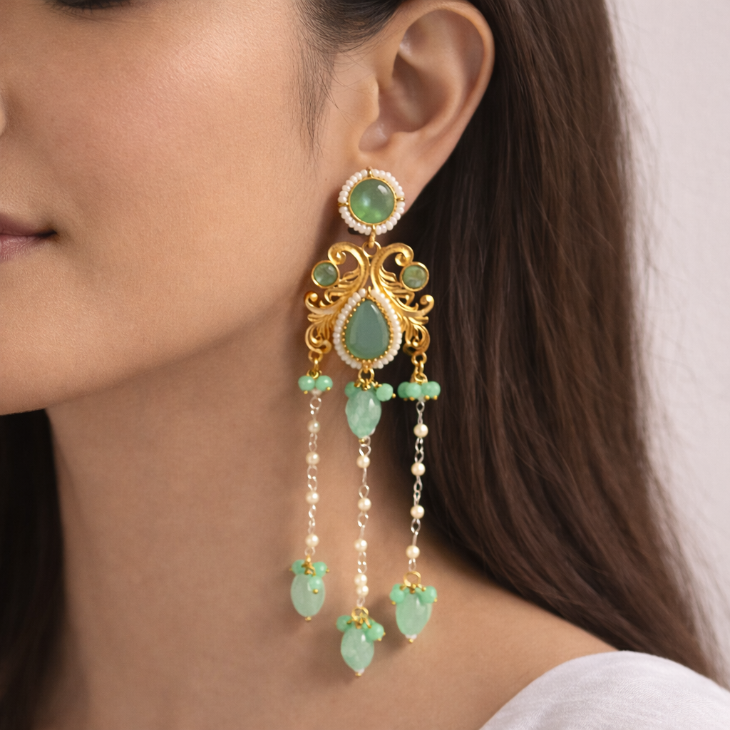 Kashmiri Green Stone Pearl Long Drop Earrings
