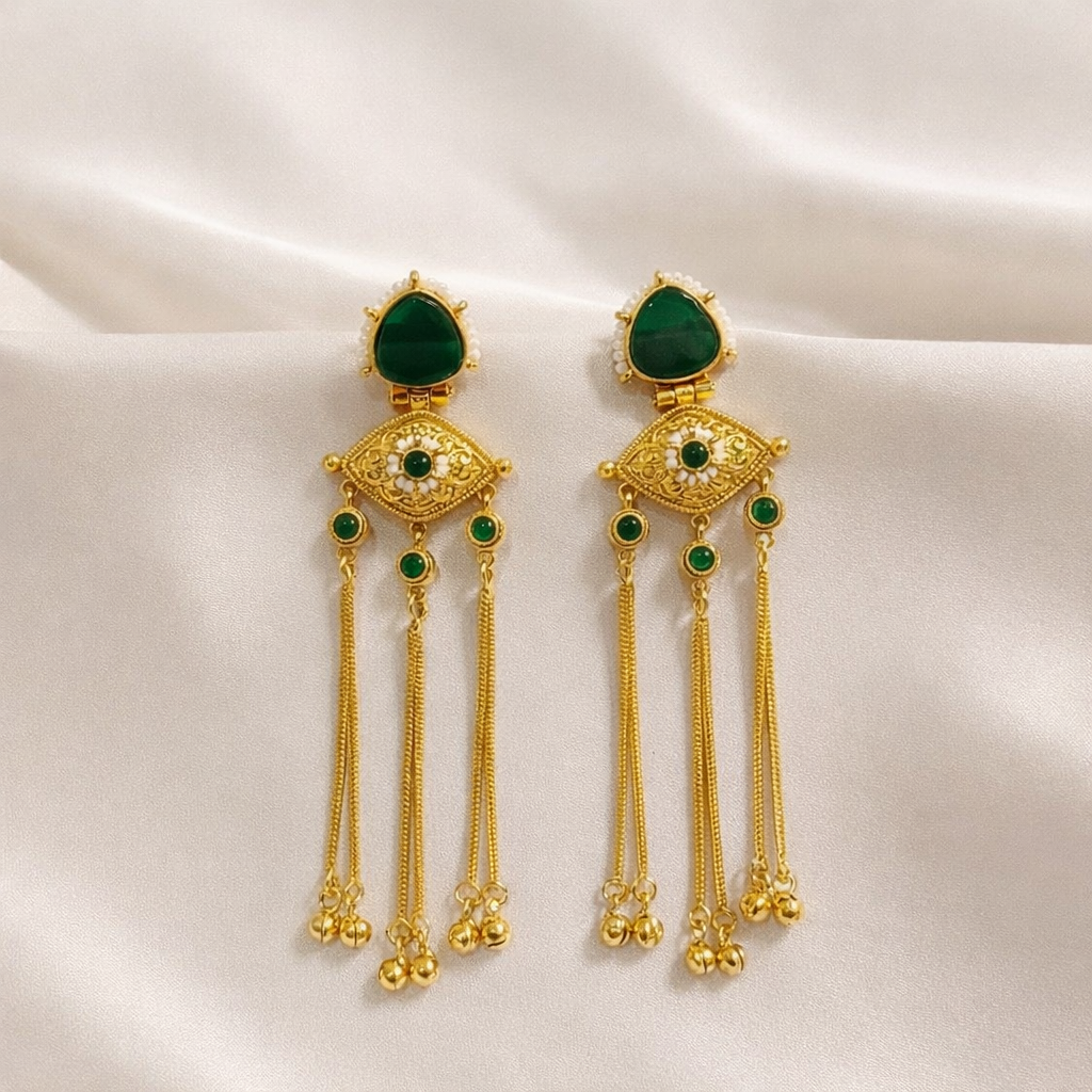 Kashmiri Noor Green Long Chain Earrings