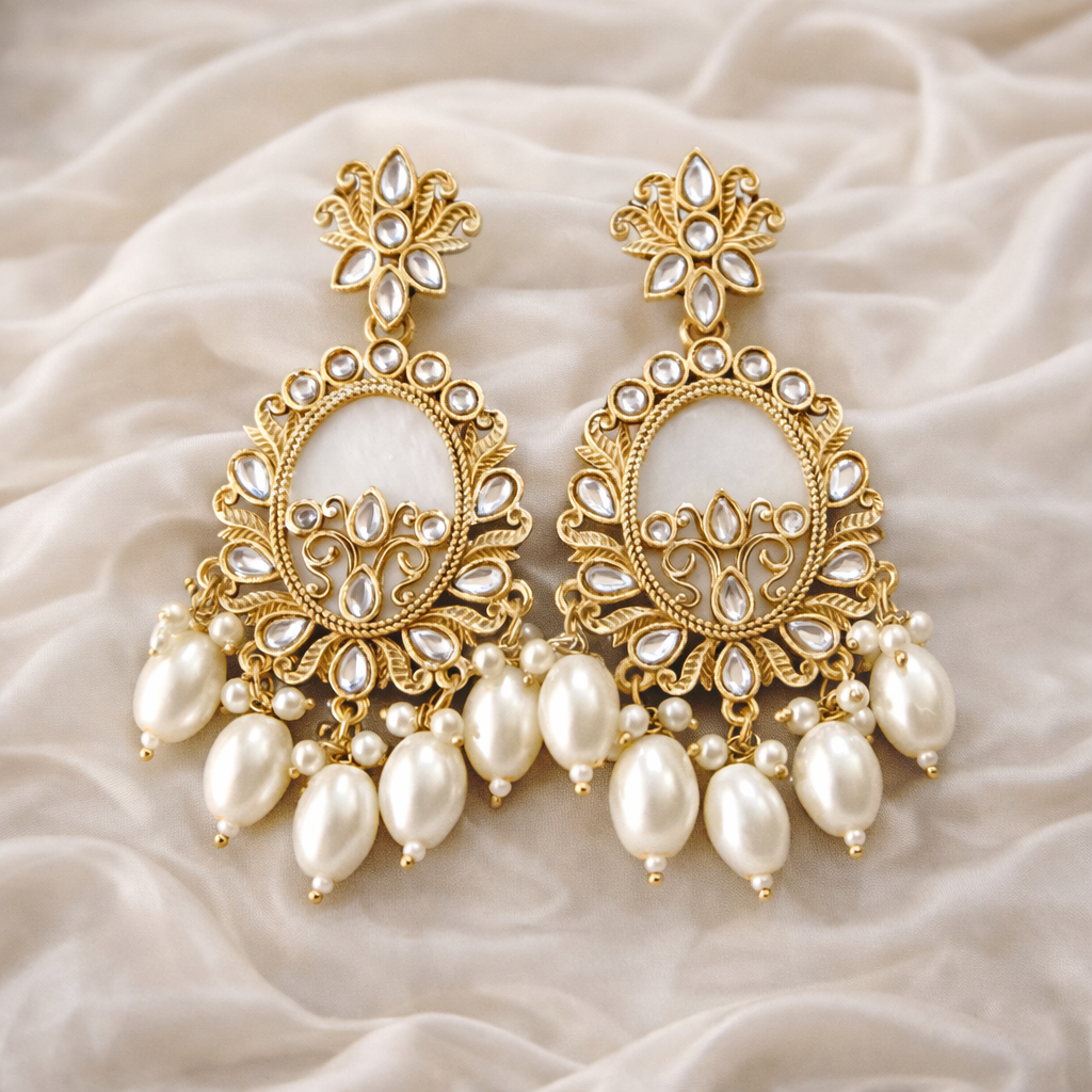 Ivory Pearl Kundan Statement Earrings