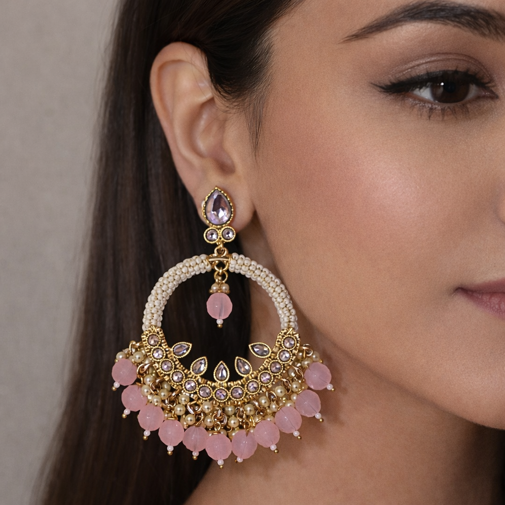 Premium Pearl & Pink Beads Chandbali Earrings for Women