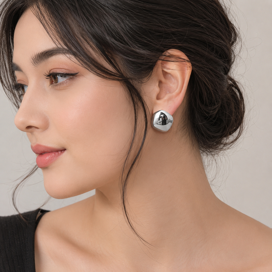 Silver Mirror Dome Stud Earrings for Women | Minimalist Korean Stainless Steel Earrings