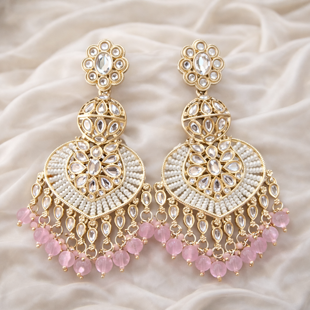 Gold Kundan Tear-Drop Statement Earrings with Baby Pink Beads