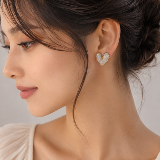 Korean Style Heart Earrings | Pearl Marble Gold Studs