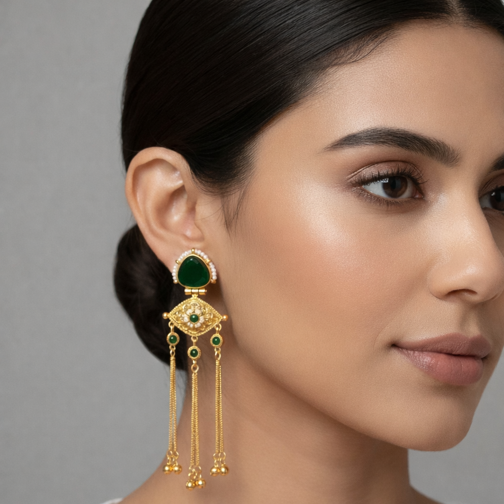 Kashmiri Noor Green Long Chain Earrings