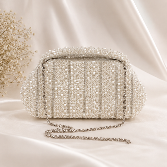 Pearl Luxe Bridal Clutch Bag with Detachable Chain | Premium Wedding Evening Purse for Women