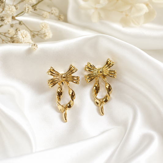 Luxury Gold Bow Ribbon Twisted Drop Earrings for Women | Korean Statement Earrings