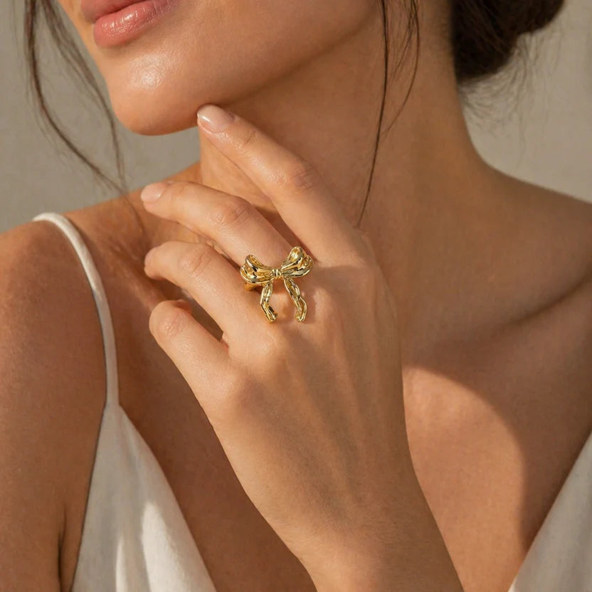 Luxury Gold Bow Statement Ring for Women | Korean Adjustable Cocktail Ring