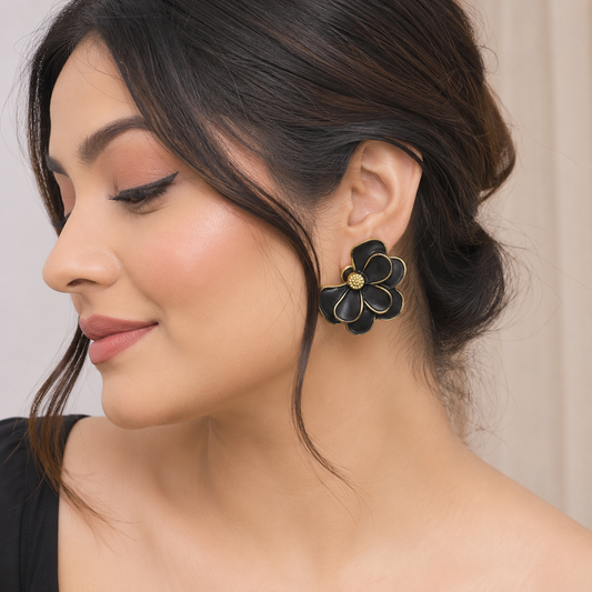 Black Floral Statement Stud Earrings for Women | Elegant Gold Outline Flower Earrings