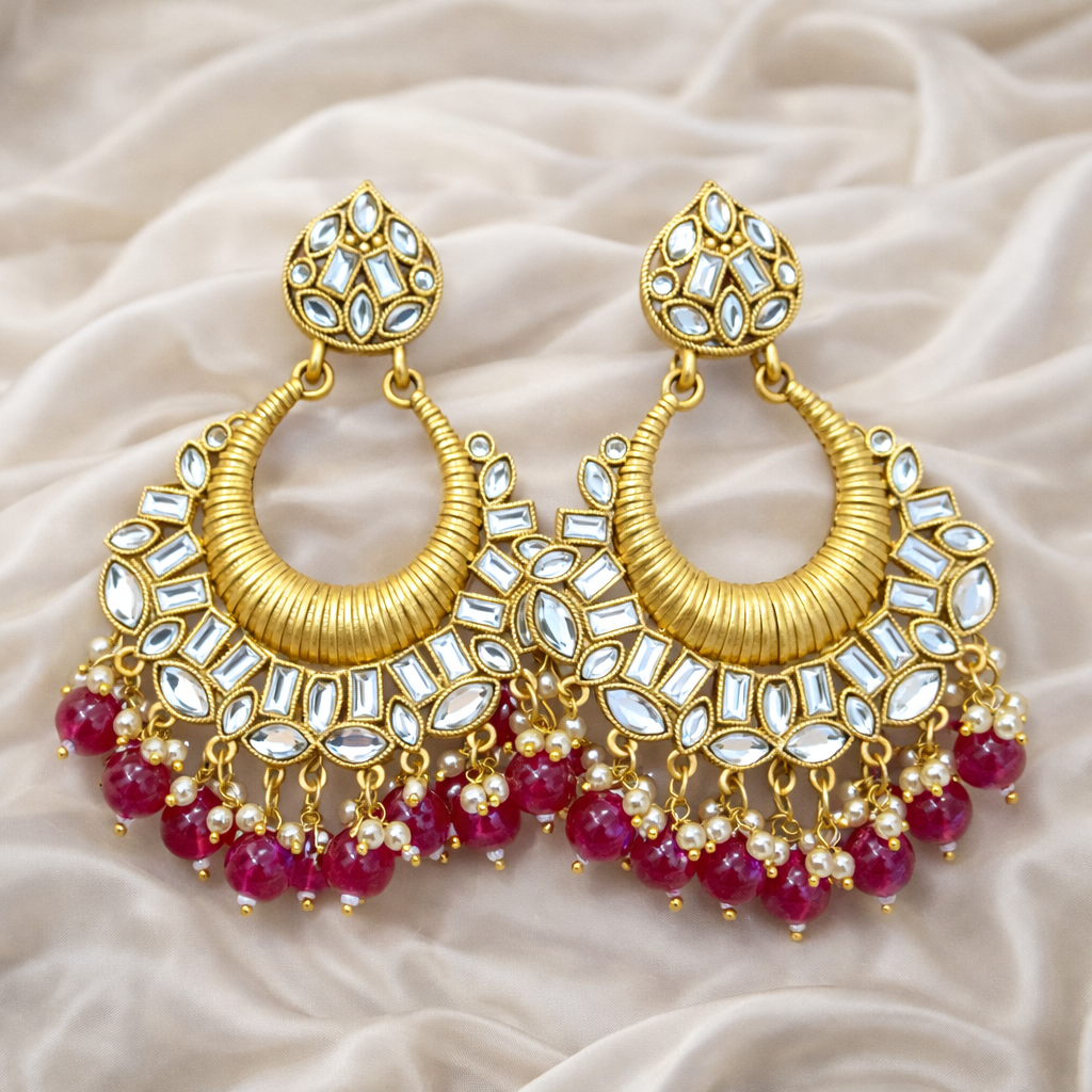 Gold Kundan Round Chandbali Earrings with Pink Bead Drops