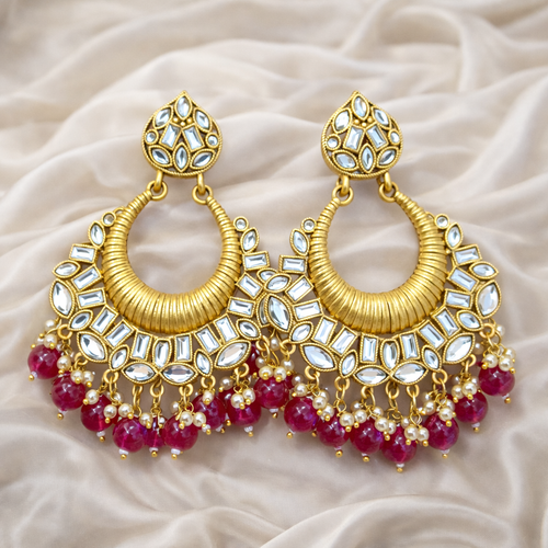 Gold Kundan Round Chandbali Earrings with Pink Bead Drops