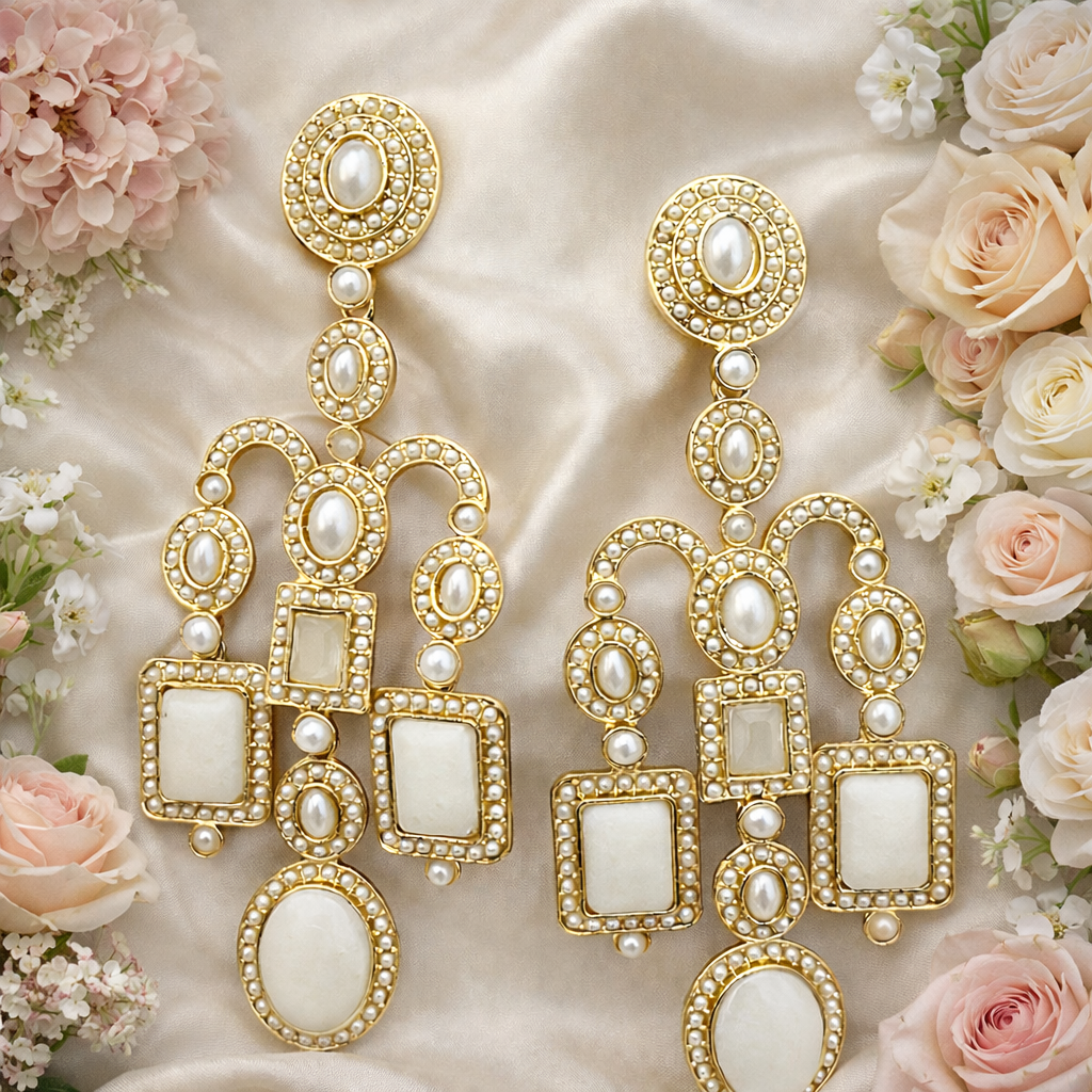 Premium White Kundan Multi-Tier Statement Earrings