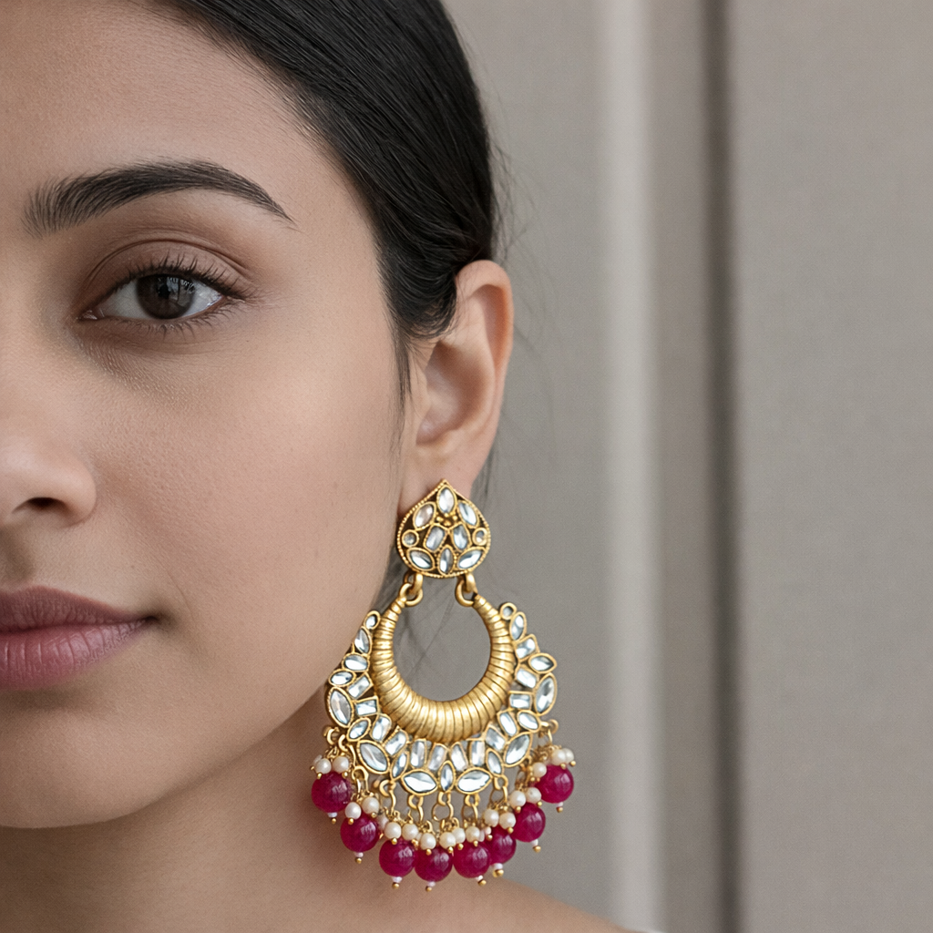 Gold Kundan Round Chandbali Earrings with Pink Bead Drops