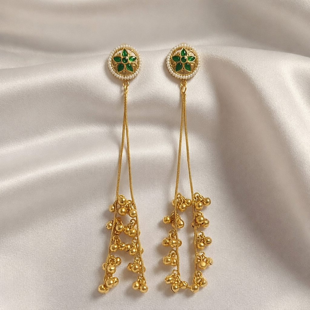 Kashmiri Pearl Green Long Chain Earrings