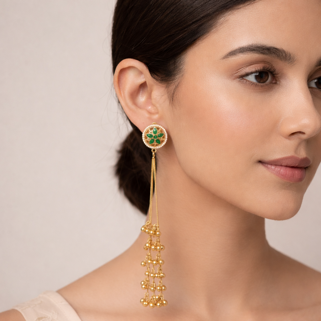 Kashmiri Pearl Green Long Chain Earrings