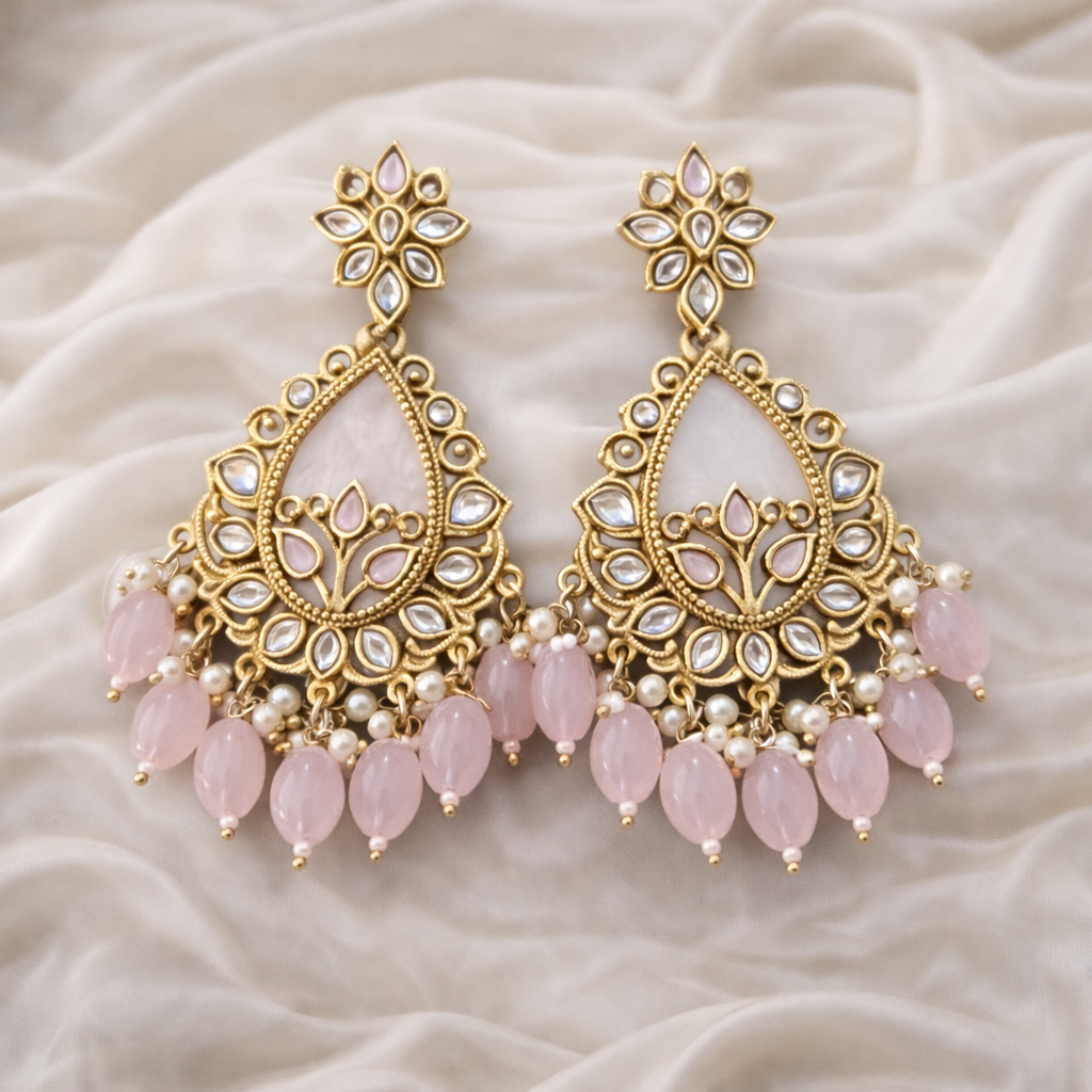 Blush Pink Kundan Pearl Chandbali Earrings