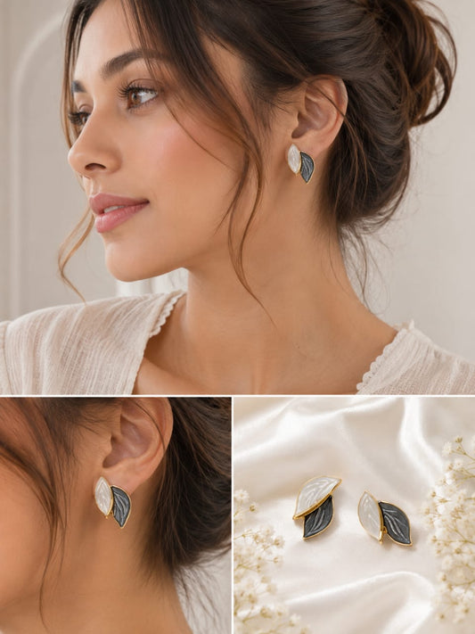 Korean Style Dual Leaf Stud Earrings for Women | Black & White Gold Plated Minimal Earrings