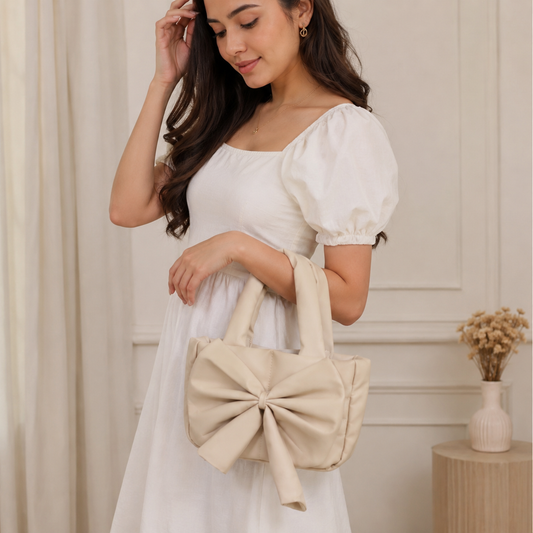 Luna Bow Luxe Mini Handbag – Cream Beige