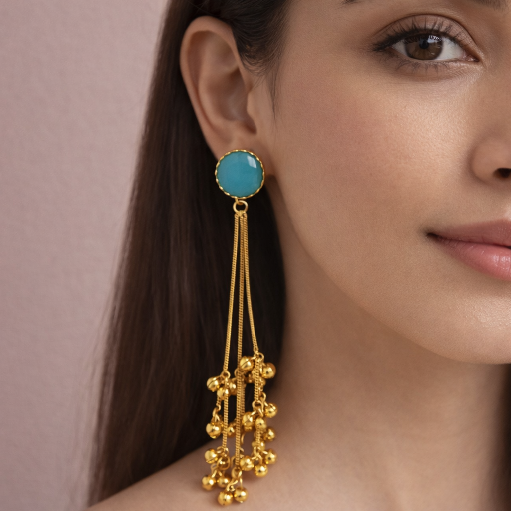 Kashmiri Turquoise Stone Tassel Earrings – Gold Finish