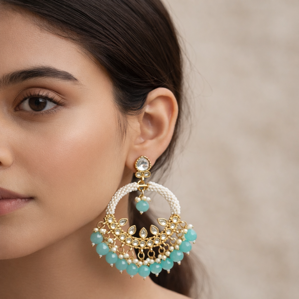 Sky Blue Beaded Kundan Chandbali Earrings for Women