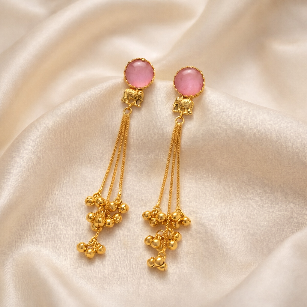 Pink Stone Long Tassel Earrings