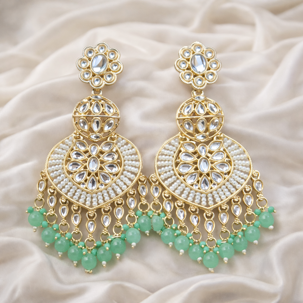 Mint Green Kundan Pearl Chandbali Earrings for Women