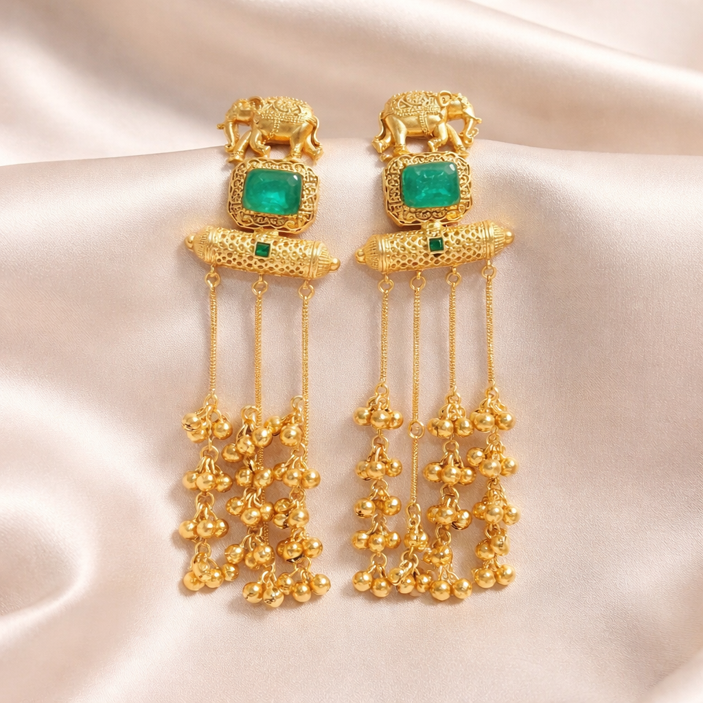 Royal Kashmiri Elephant Motif Gold Finish Earrings with Green Stone