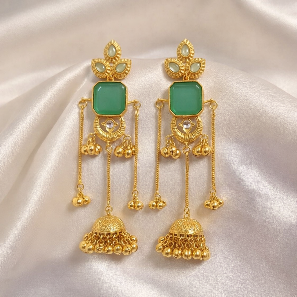 Handcrafted Kashmiri Green Stone Long Jhumka Earrings