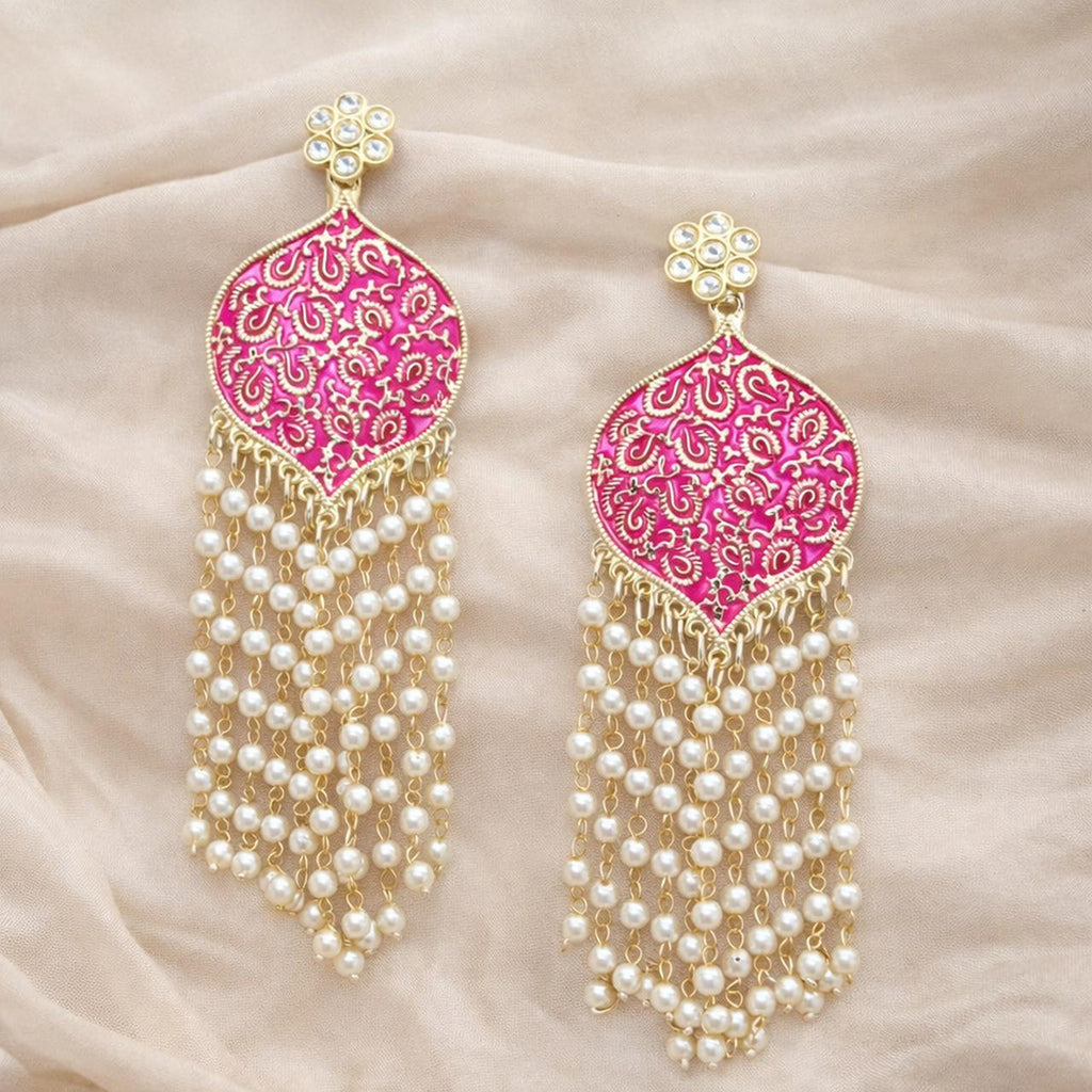 Pink Meenakari Pearl Cascade Statement Earrings