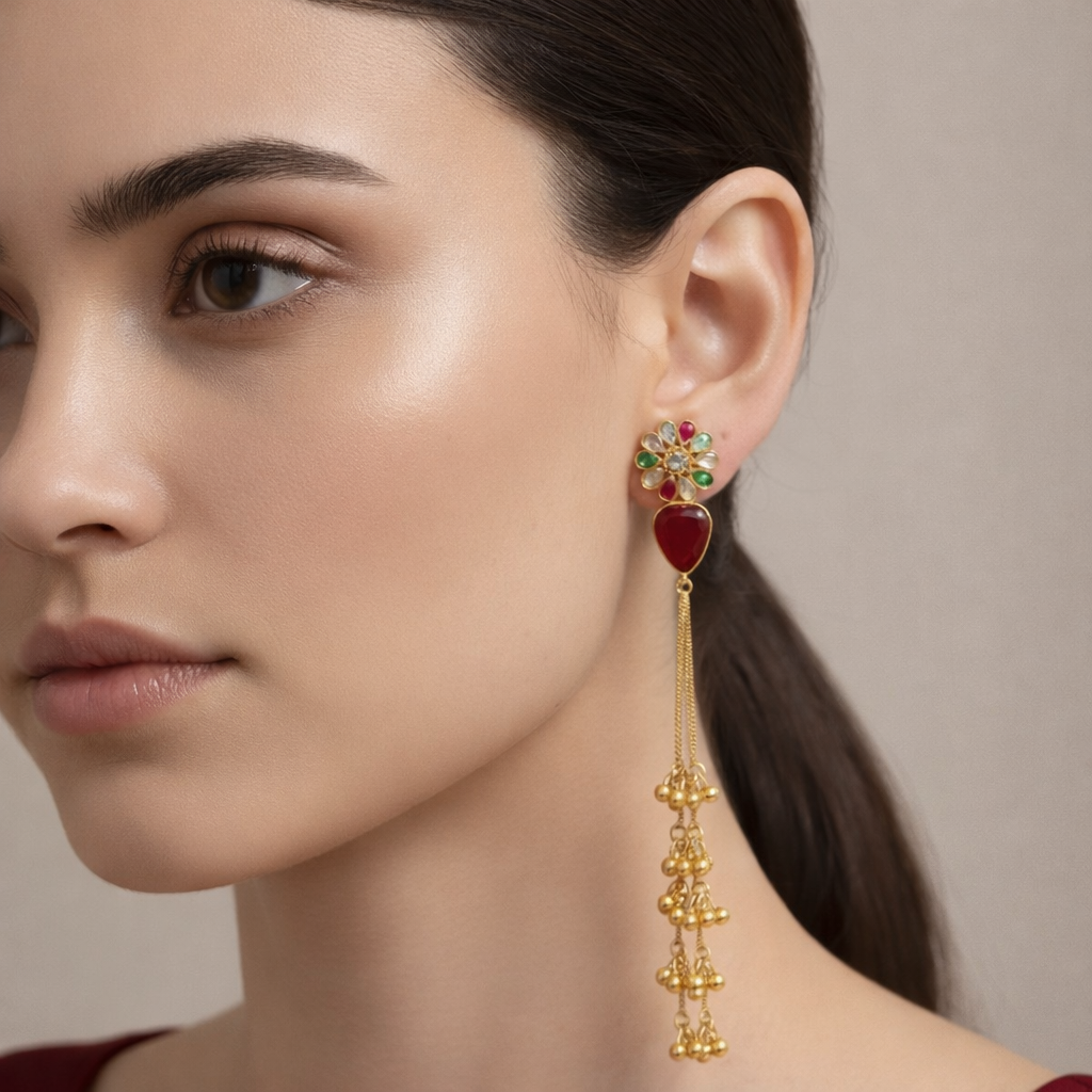 Kashmiri Multicolor Floral Long Tassel Earrings