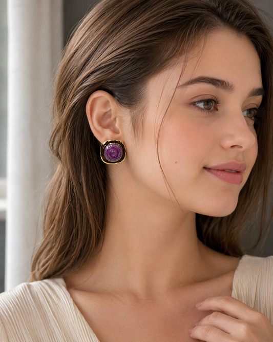 Korean Vintage Purple Rose Stud Earrings for Women | Gold Plated Floral Resin Earrings