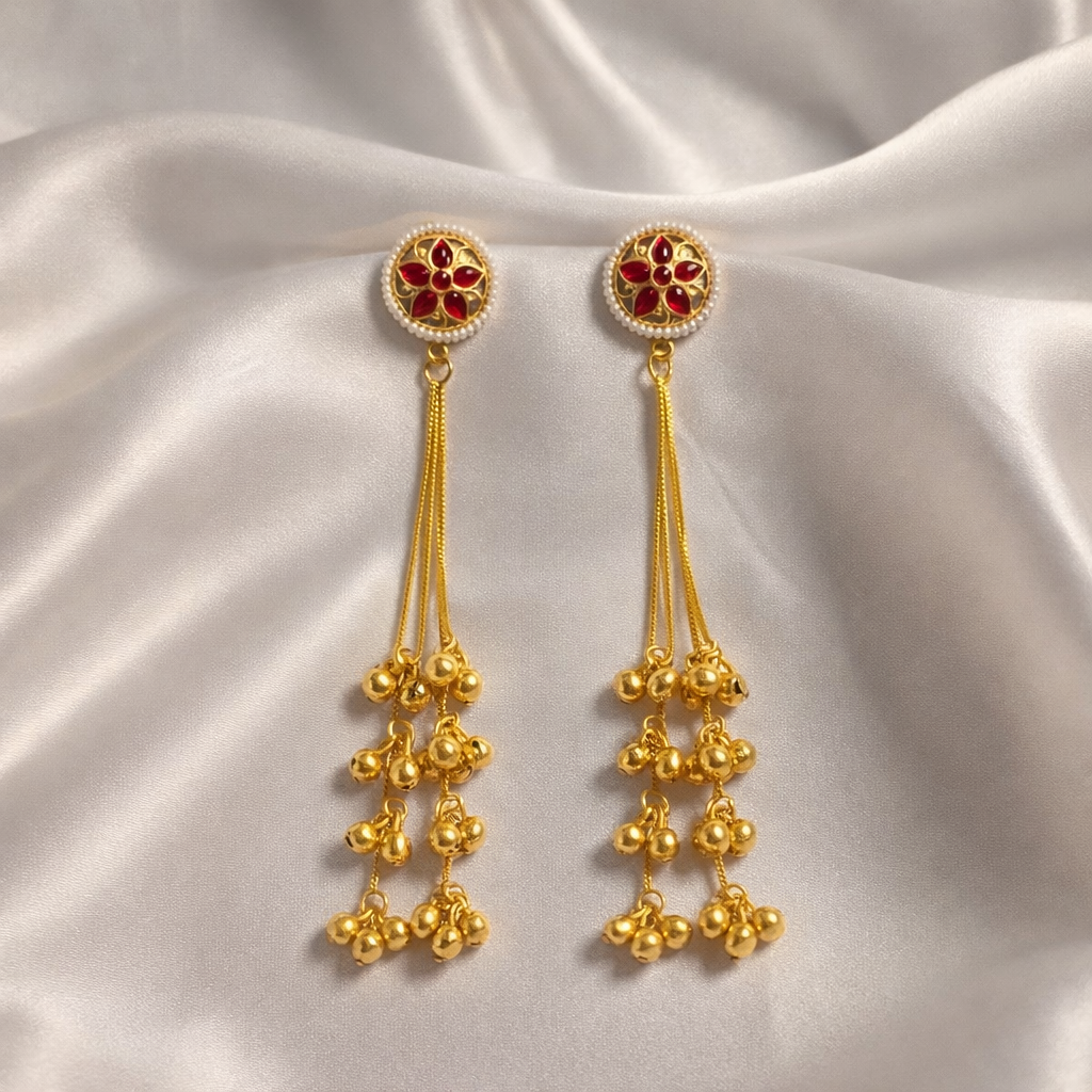 Red Floral Stone Long Tassel kashmiri Earrings