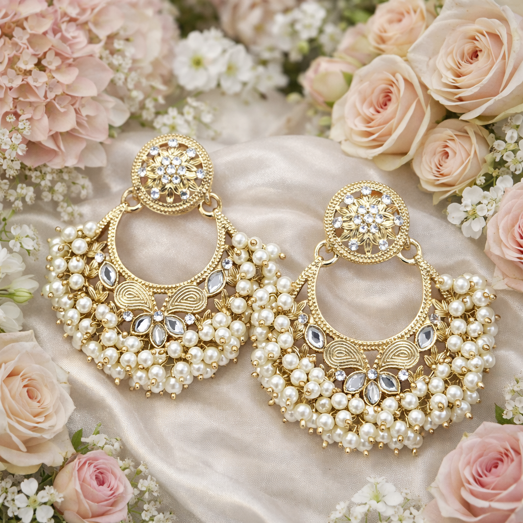 Gold Kundan Pearl Hoop Statement Earrings