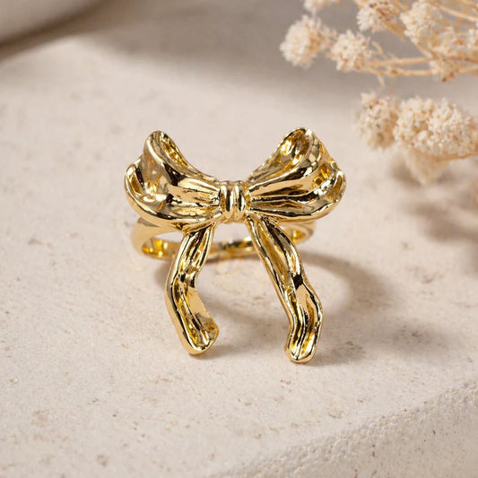 Luxury Gold Bow Statement Ring for Women | Korean Adjustable Cocktail Ring