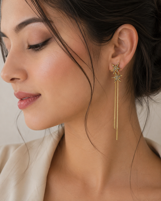 Star Tassel Drop Earrings for Women | Gold-Plated Crystal Party Earrings