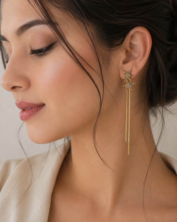 Star Tassel Drop Earrings for Women | Gold-Plated Crystal Party Earrings