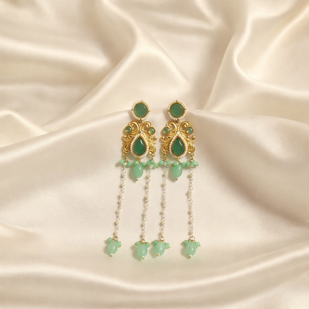 Kashmiri Green Stone Pearl Long Drop Earrings
