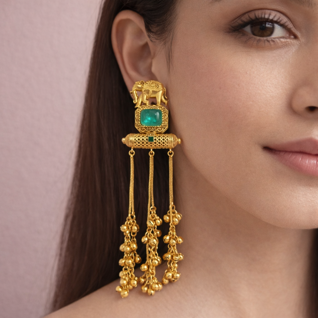 Royal Kashmiri Elephant Motif Gold Finish Earrings with Green Stone
