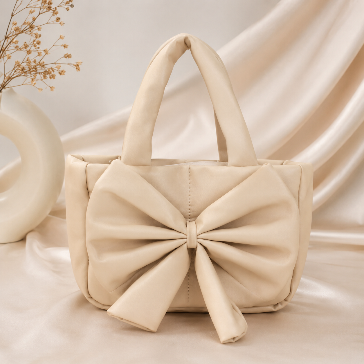 Luna Bow Luxe Mini Handbag – Cream Beige