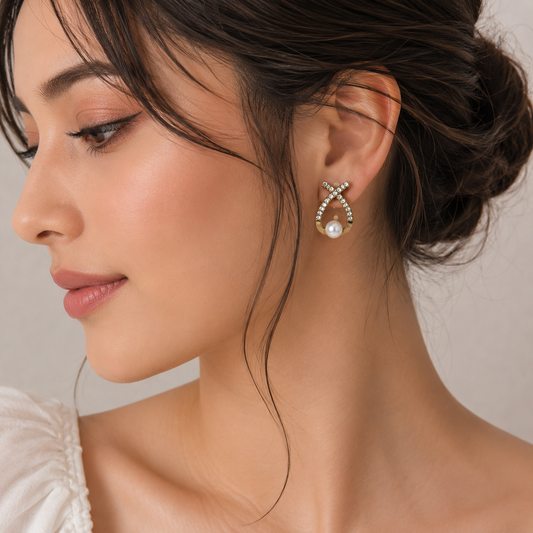 Trendy Korean Earrings | Pearl Teardrop Crystal Studs