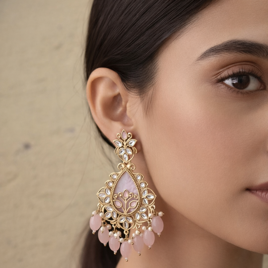 Blush Pink Kundan Pearl Chandbali Earrings
