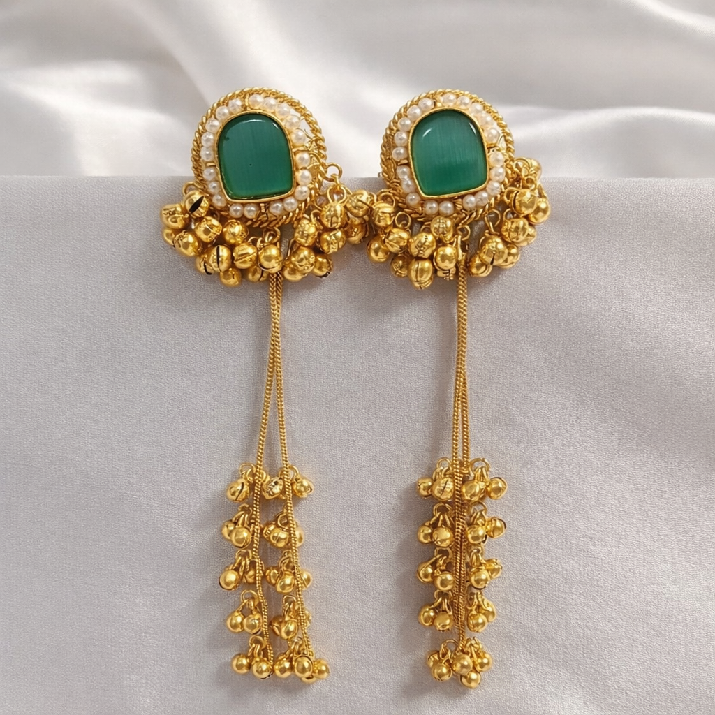 Kashmiri Green Stone Long Tassel Earrings