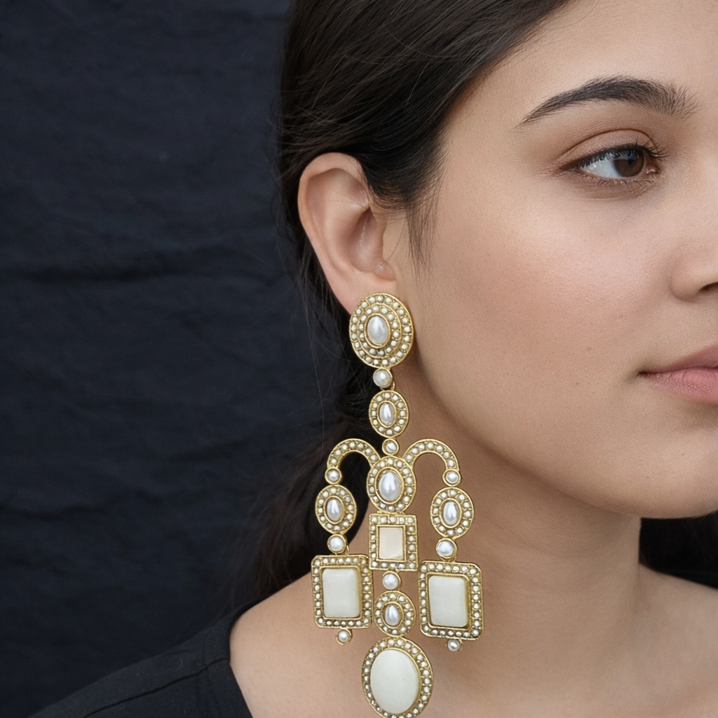Premium White Kundan Multi-Tier Statement Earrings