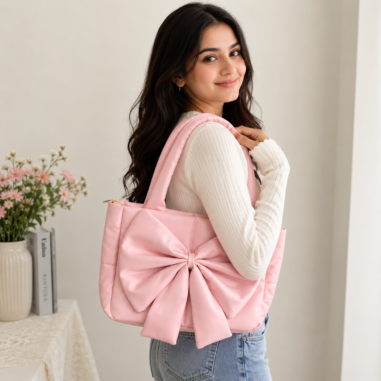Baby Pink Bow Handbag for Women | Soft Padded Shoulder Bag | Elegant Fashion Purse