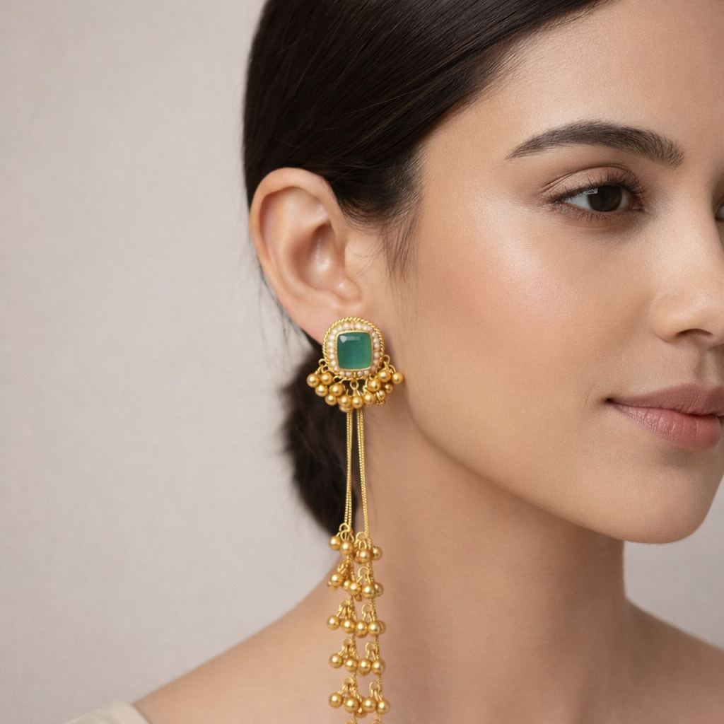 Kashmiri Green Stone Long Tassel Earrings